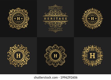 Luxury logos and monograms crest design templates set vector illustration. Calligraphic ornate vignettes for royal fashion brand, hotel sign, boutique or restaurant logotype.