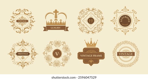 Luxury logos set. Crowns with badges. Aesthetics and elegance. Symbol of royalty and heraldry. Stylish company logotype. Flat vector collection isolated on beige background