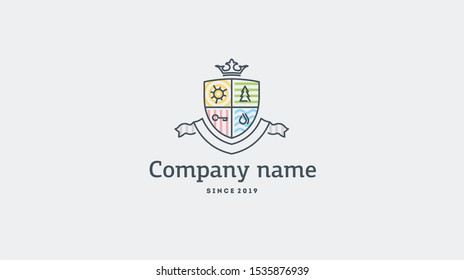 Luxury Logos template four elements calligraphic elegant lines. Royal crown. Business sign, identity for Restaurant, Royalty, Boutique, Hotel, Heraldic, Jewelry, Money.
