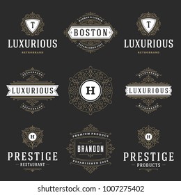 Luxury logos templates set, flourishes calligraphic elegant ornament lines. Business sign, badges and monograms for elegant crest, boutique brand, wedding shop, hotel sign, fashion designer.