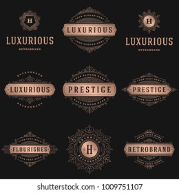 Luxury logos templates set, flourishes calligraphic elegant ornament lines. Business sign, badges and monograms for elegant crest, boutique brand, wedding shop, hotel sign, fashion designer.