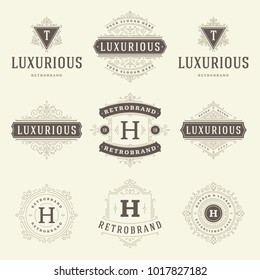 Luxury logos templates set, flourishes calligraphic elegant ornament lines. Business sign, badges and monograms for elegant crest, boutique brand, wedding shop, hotel sign, fashion designer.