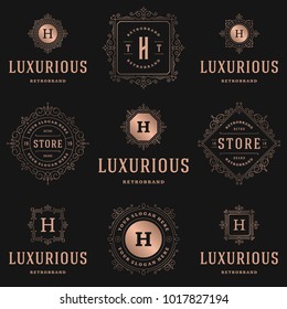 Luxury logos templates set, flourishes calligraphic elegant ornament lines. Business sign, badges and monograms for elegant crest, boutique brand, wedding shop, hotel sign, fashion designer.