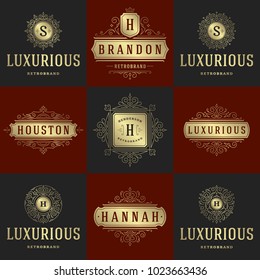 Luxury logos templates set, flourishes calligraphic elegant ornament lines. Business sign, badges and monograms for elegant crest, boutique brand, wedding shop, hotel sign, fashion designer.