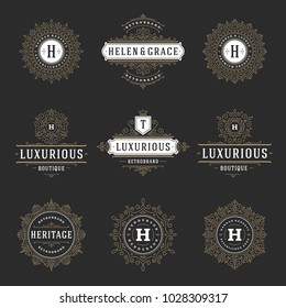 Luxury logos templates set, flourishes calligraphic elegant ornament lines. Business sign, badges and monograms for elegant crest, boutique brand, wedding shop, hotel sign, fashion designer.