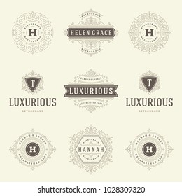 Luxury logos templates set, flourishes calligraphic elegant ornament lines. Business sign, badges and monograms for elegant crest, boutique brand, wedding shop, hotel sign, fashion designer.