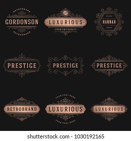 Luxury logos templates set, flourishes calligraphic elegant ornament lines. Business sign, badges and monograms for elegant crest, boutique brand, wedding shop, hotel sign, fashion designer.