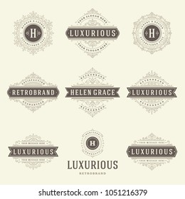 Luxury logos templates set, flourishes calligraphic elegant ornament lines. Business sign, badges and monograms for elegant crest, boutique brand, wedding shop, hotel sign, fashion designer.