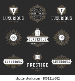 Luxury logos templates set, flourishes calligraphic elegant ornament lines. Business sign, badges and monograms for elegant crest, boutique brand, wedding shop, hotel sign, fashion designer.