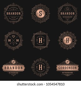 Luxury logos templates set, flourishes calligraphic elegant ornament lines. Business sign, badges and monograms for elegant crest, boutique brand, wedding shop, hotel sign, fashion designer.