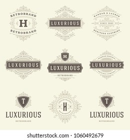 Luxury logos templates set, flourishes calligraphic elegant ornament lines. Business sign, badges and monograms for elegant crest, boutique brand, wedding shop, hotel sign, fashion designer.