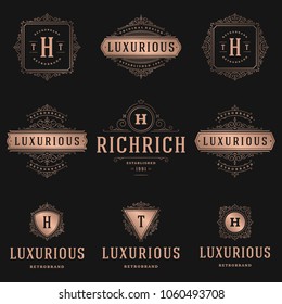 Luxury logos templates set, flourishes calligraphic elegant ornament lines. Business sign, badges and monograms for elegant crest, boutique brand, wedding shop, hotel sign, fashion designer.