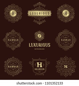 Luxury logos templates set, flourishes calligraphic elegant ornament lines. Business sign, badges and monograms for elegant crest, boutique brand, wedding shop, hotel sign, fashion designer.