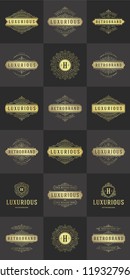 Luxury logos templates set, flourishes calligraphic elegant ornament lines. Business sign, badges and monograms for elegant crest, boutique brand, royal restaurant, hotel sign, fashion designer.