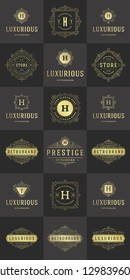 Luxury logos templates set, flourishes calligraphic elegant ornament lines. Business sign, badges and monograms for elegant crest, boutique brand, royal restaurant, hotel sign, fashion designer.