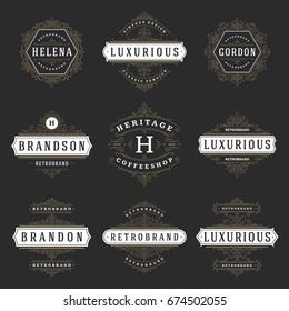 Luxury logos templates set, flourishes calligraphic elegant ornament lines. Business sign, badges and monograms for elegant crest, boutique brand, wedding shop, hotel sign, fashion designer.