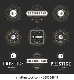 Luxury logos templates set, flourishes calligraphic elegant ornament lines. Business sign, badges and monograms for elegant crest, boutique brand, wedding shop, hotel sign, fashion designer.
