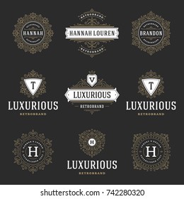 Luxury logos templates set, flourishes calligraphic elegant ornament lines. Business sign, badges and monograms for elegant crest, boutique brand, wedding shop, hotel sign, fashion designer.