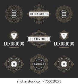 Luxury logos templates set, flourishes calligraphic elegant ornament lines. Business sign, badges and monograms for elegant crest, boutique brand, wedding shop, hotel sign, fashion designer.