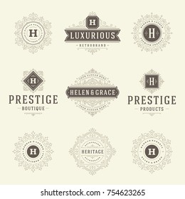 Luxury logos templates set, flourishes calligraphic elegant ornament lines. Business sign, badges and monograms for elegant crest, boutique brand, wedding shop, hotel sign, fashion designer.