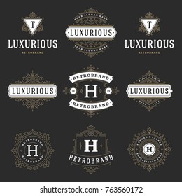 Luxury logos templates set, flourishes calligraphic elegant ornament lines. Business sign, badges and monograms for elegant crest, boutique brand, wedding shop, hotel sign, fashion designer.