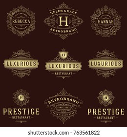 Luxury logos templates set, flourishes calligraphic elegant ornament lines. Business sign, badges and monograms for elegant crest, boutique brand, wedding shop, hotel sign, fashion designer.