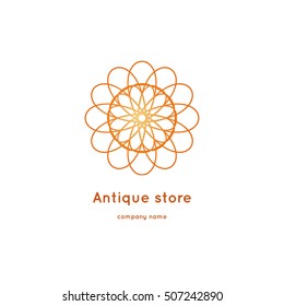 Luxury logotype for antique store. Ornamental vector symbols. Volumetric golden big bud. Isolated abstract colorful vector logo. Vector vintage mandala logo. Kaleidoscope flower.