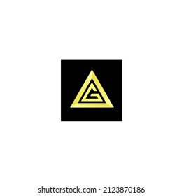 Letra de logotipo de lujo "G" en un triángulo, color dorado, fondo negro