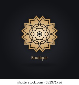 Luxury logotype in the shape of a flower for antique boutique. Gold logo, flower. Simple geometric sign. Icons, business, invitations. Volumetric golden big bud. Vintage. Islam, Arabic, Indian. Retro.