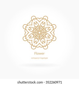 Luxury logotype in the shape of a flower for antique boutique. Gold logo, flower. Simple geometric sign. Icons, business, invitations. Volumetric golden big bud. Vintage. Islam, Arabic, Indian. Retro.