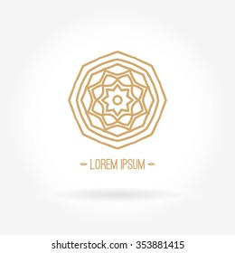 Luxury logotype in the shape of a flower for antique boutique. Gold logo, flower. Simple geometric sign. Icons, business, invitations. Volumetric golden big bud. Vintage. Islam, Arabic, Indian. Retro.