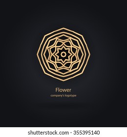 Luxury logotype in the shape of a flower for antique boutique. Gold logo, flower. Simple geometric sign. Icons, business, invitations. Volumetric golden big bud. Vintage. Islam, Arabic, Indian. Retro.