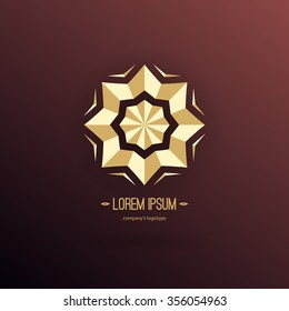 Luxury logotype in the shape of a flower for antique boutique. Gold logo, flower. Simple geometric sign. Icons, business, invitations. Volumetric golden big bud. Vintage. Islam, Arabic, Indian. Retro.