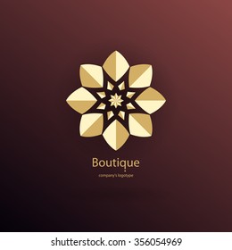 Luxury logotype in the shape of a flower for antique boutique. Gold logo, flower. Simple geometric sign. Icons, business, invitations. Volumetric golden big bud. Vintage. Islam, Arabic, Indian. Retro.