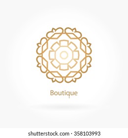 Luxury logotype in the shape of a flower for antique boutique. Gold logo, flower. Simple geometric sign. Icons, business, invitations. Volumetric golden big bud. Vintage. Islam, Arabic, Indian. Retro.