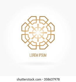 Luxury logotype in the shape of a flower for antique boutique. Gold logo, flower. Simple geometric sign. Icons, business, invitations. Volumetric golden big bud. Vintage. Islam, Arabic, Indian. Retro.