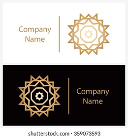 Luxury logotype in the shape of a flower for antique boutique. Gold logo, flower. Simple geometric sign. Icons, business, invitations. Volumetric golden big bud. Vintage. Islam, Arabic, Indian. Retro.