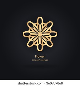 Luxury logotype in the shape of a flower for antique boutique. Gold logo, flower. Simple geometric sign. Icons, business, invitations. Volumetric golden big bud. Vintage. Islam, Arabic, Indian. Retro.