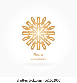 Luxury logotype in the shape of a flower for antique boutique. Gold logo, flower. Simple geometric sign. Icons, business, invitations. Volumetric golden big bud. Vintage. Islam, Arabic, Indian. Retro.
