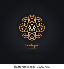 Luxury logotype in the shape of a flower for antique boutique. Gold logo, flower. Simple geometric sign. Icons, business, invitations. Volumetric golden big bud. Vintage. Islam, Arabic, Indian. Retro.