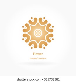Luxury logotype in the shape of a flower for antique boutique. Gold logo, flower. Simple geometric sign. Icons, business, invitations. Volumetric golden big bud. Vintage. Islam, Arabic, Indian. Retro.