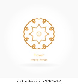 Luxury logotype in the shape of a flower for antique boutique. Gold logo, flower. Simple geometric sign. Icons, business, invitations. Volumetric golden big bud. Vintage. Islam, Arabic, Indian. Retro.