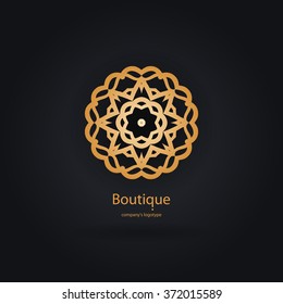 Luxury logotype in the shape of a flower for antique boutique. Gold logo, flower. Simple geometric sign. Icons, business, invitations. Volumetric golden big bud. Vintage. Islam, Arabic, Indian. Retro.