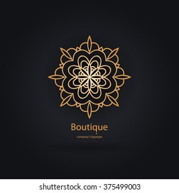 Luxury logotype in the shape of a flower for antique boutique. Gold logo, flower. Simple geometric sign. Icons, business, invitations. Volumetric golden big bud. Vintage. Islam, Arabic, Indian. Retro.