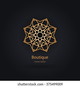 Luxury logotype in the shape of a flower for antique boutique. Gold logo, flower. Simple geometric sign. Icons, business, invitations. Volumetric golden big bud. Vintage. Islam, Arabic, Indian. Retro.
