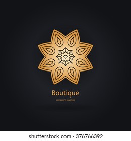 Luxury logotype in the shape of a flower for antique boutique. Gold logo, flower. Simple geometric sign. Icons, business, invitations. Volumetric golden big bud. Vintage. Islam, Arabic, Indian. Retro.