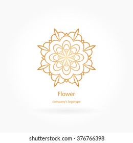 Luxury logotype in the shape of a flower for antique boutique. Gold logo, flower. Simple geometric sign. Icons, business, invitations. Volumetric golden big bud. Vintage. Islam, Arabic, Indian. Retro.