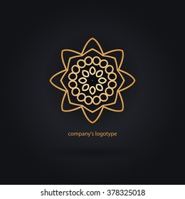 Luxury logotype in the shape of a flower for antique boutique. Gold logo, flower. Simple geometric sign. Icons, business, invitations. Volumetric golden big bud. Vintage. Islam, Arabic, Indian. Retro.
