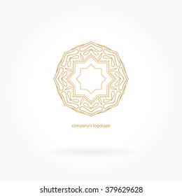 Luxury logotype in the shape of a flower for antique boutique. Gold logo, flower. Simple geometric sign. Icons, business, invitations. Volumetric golden big bud. Vintage. Islam, Arabic, Indian. Retro.