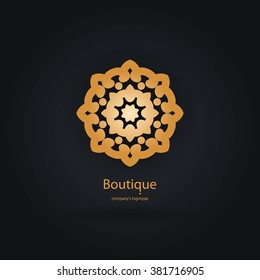Luxury logotype in the shape of a flower for antique boutique. Gold logo, flower. Simple geometric sign. Icons, business, invitations. Volumetric golden big bud. Vintage. Islam, Arabic, Indian. Retro.